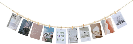 Hanging Photo Display with Clips, Boho Wooden Bead Garland Collage Picture Frame Wall Decor, Photo String with 10 Clips for Bedroom Room Dorm Cubicle Decor, Christmas Teen Girls Gifts