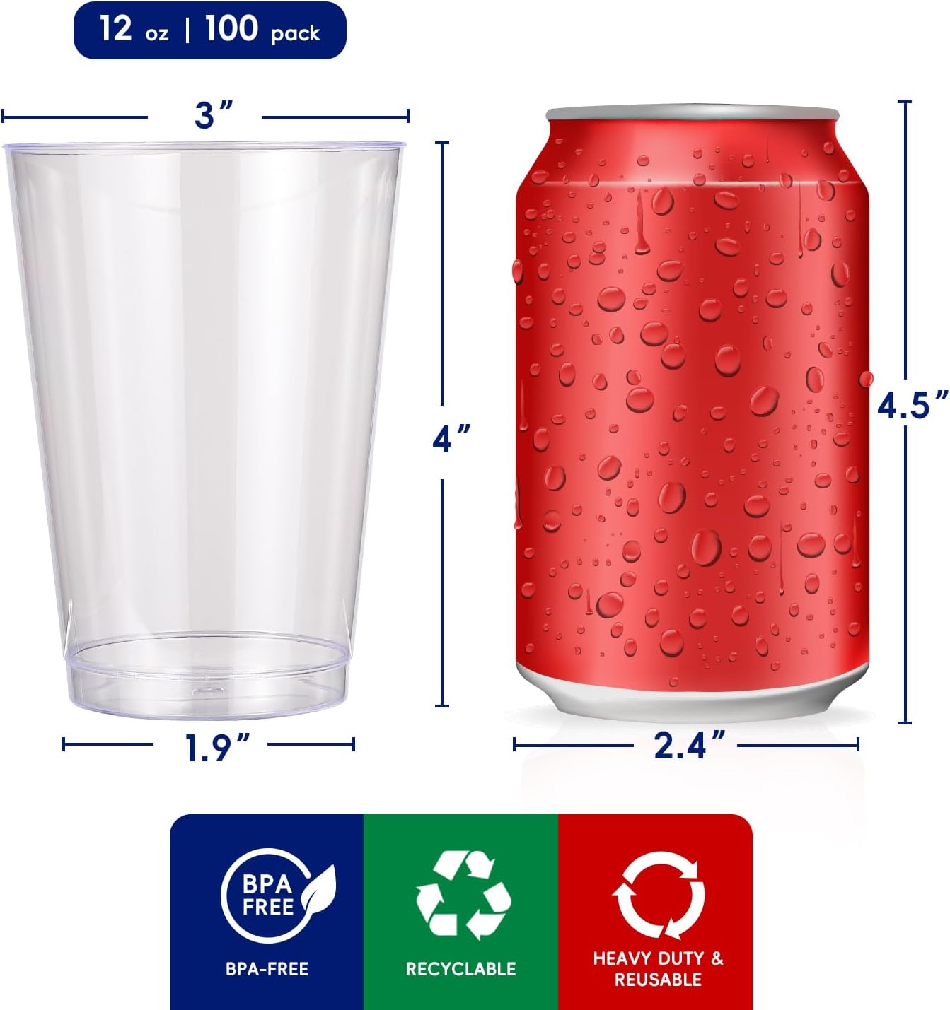 JOLLY CHEF 12 oz Clear Plastic Cups, 100 Pack Heavy-duty Party Glasses, Disposable Plastic Cups for Halloween,Thanksgiving Day, Christmas Party