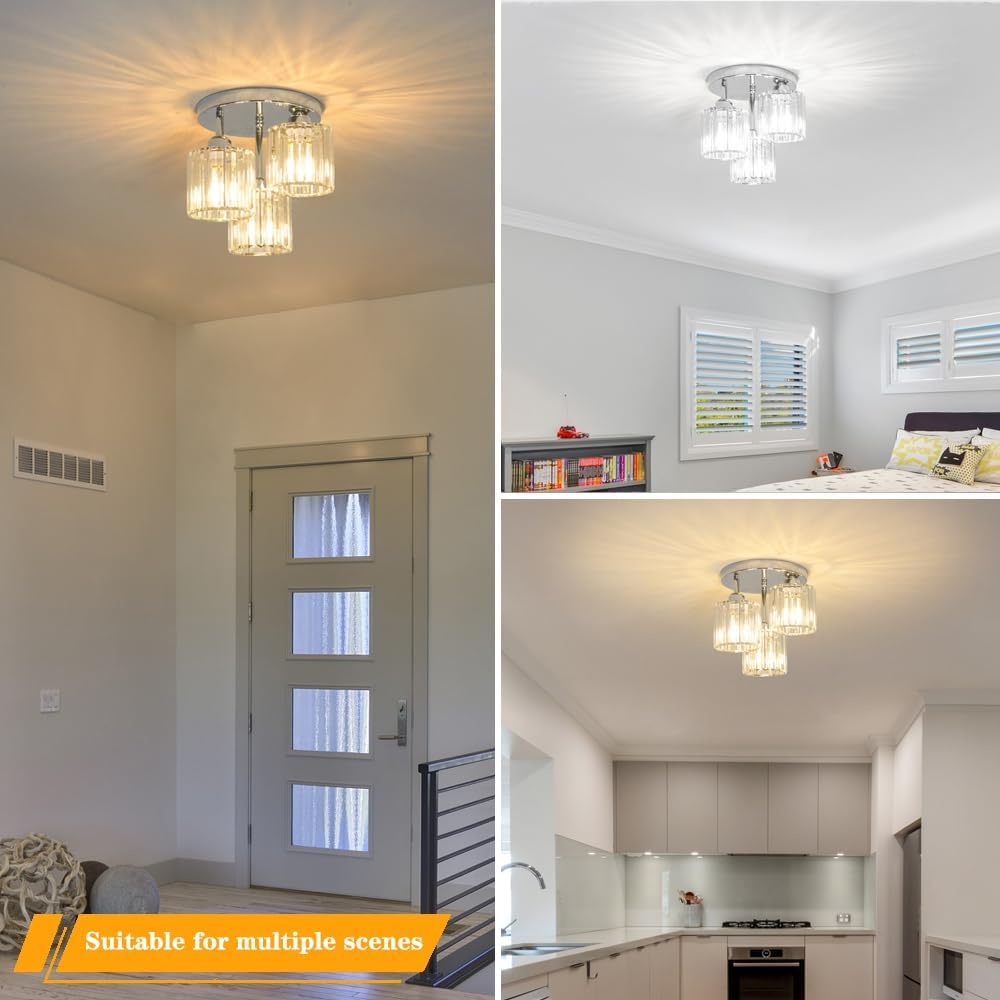 Crystal Ceiling Light Fixture, Chrome Semi Flush Mount Ceiling Light Fixture, 3-Light Hallway Lighting with Clear Crystal Shades for Kitchen Entryway Bedroom Bathroom Foyer, E26