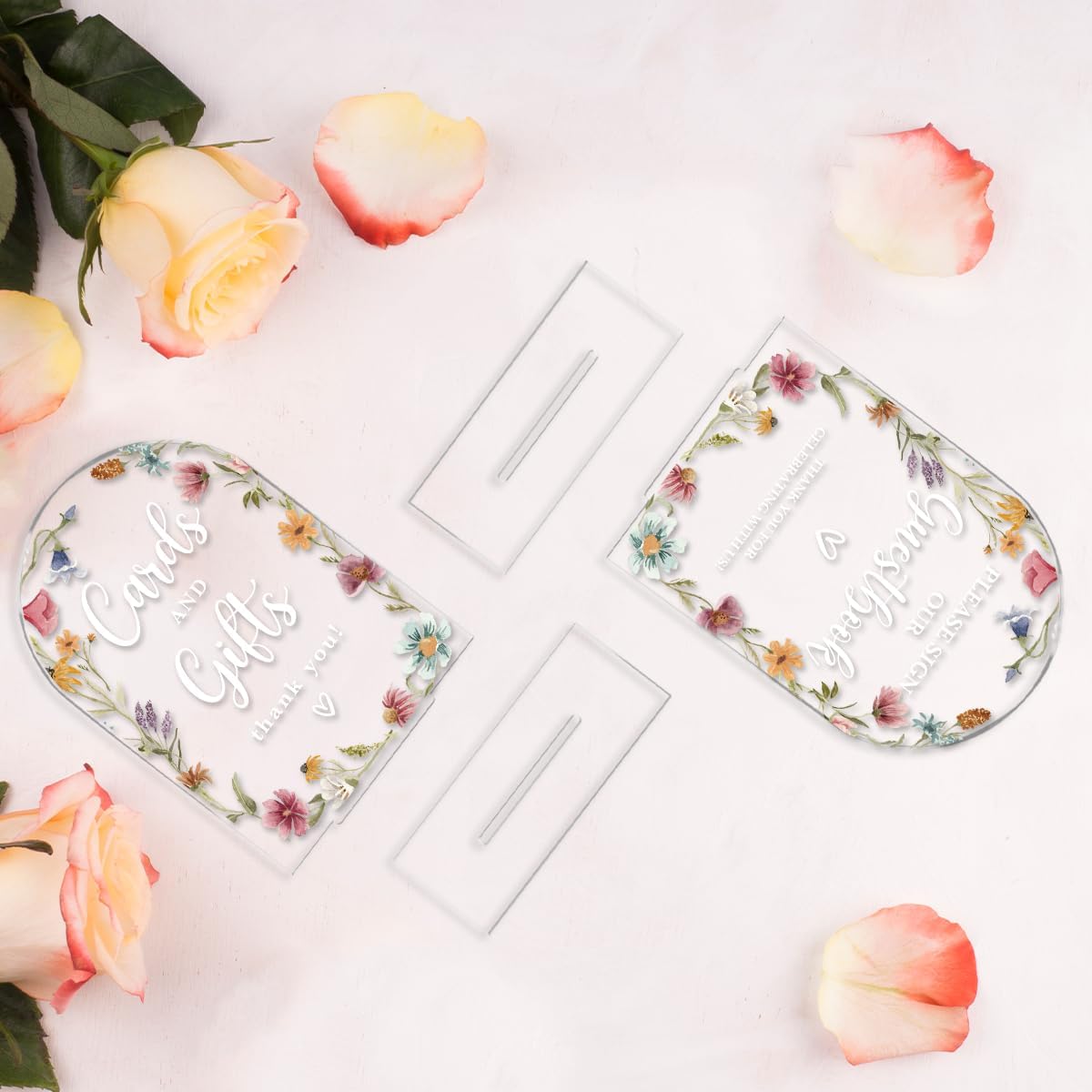 2 Pcs Acrylic Wedding Signs for Reception, Bridal Shower Decorations, Cards and Gifts Signs, Guest Book Sign, Arch Acrylic Table Top Sign with Holder for Wedding Reception (Clear Wildflowers)