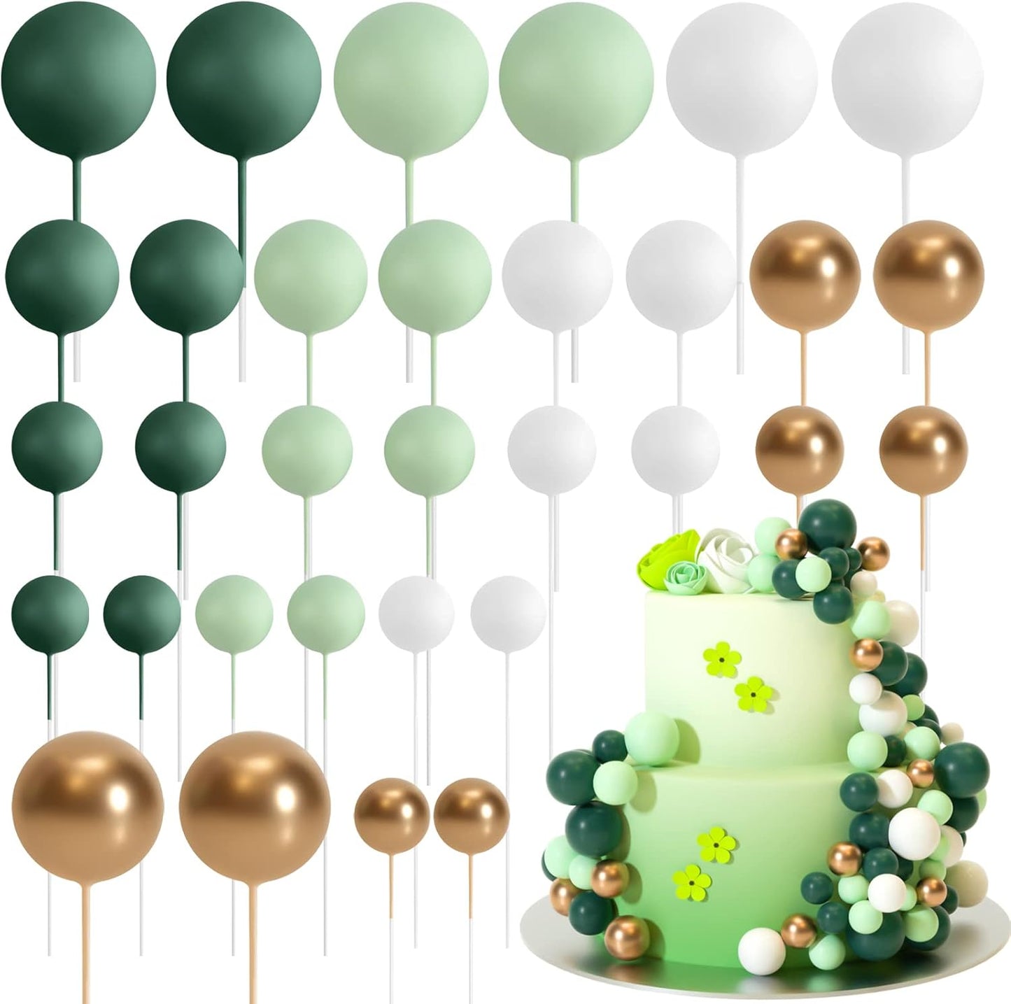 ASTARON 32 Pcs Ball Cake Topper Decorations Mini Balloons Cake Topper Sticks Foam Balls Cake Picks Cake Topper Balls Cake Decorations for Wedding Party Birthday Cake Decorating (Green Gold)