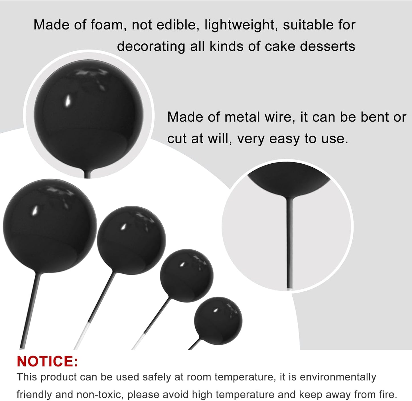 ASTARON 20 Pcs Ball Cake Topper Decorations Mini Balloons Cake Toppers Sticks Black Balls Cake Picks Cake Topper Balls for Graduation Birthday Cake Decorations