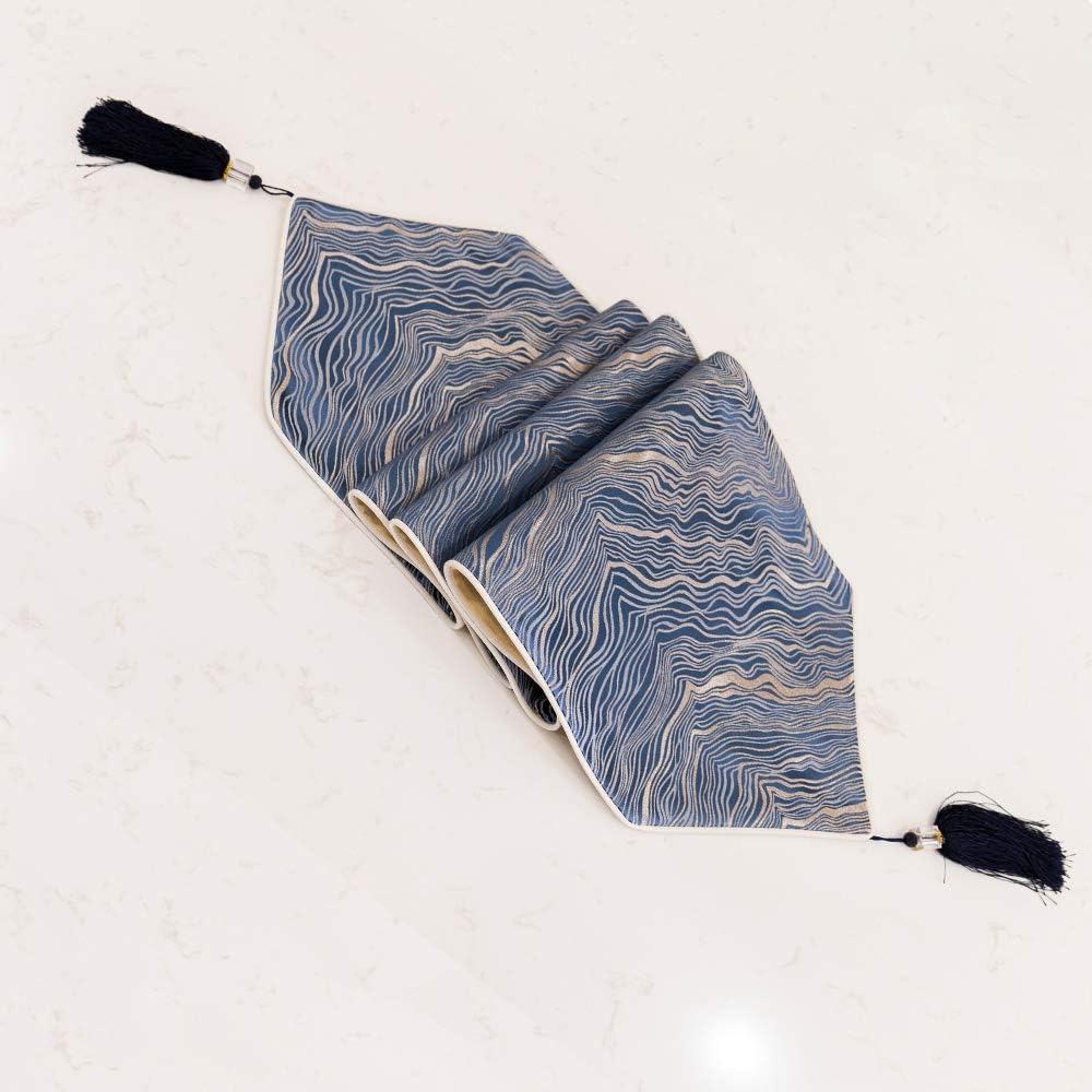 Avigers 12 x 90 Inch Decorative Luxury Abstract Striped Navy Blue Table Runners with Tassels for Home Living Room Bedroom Art Decor Wedding