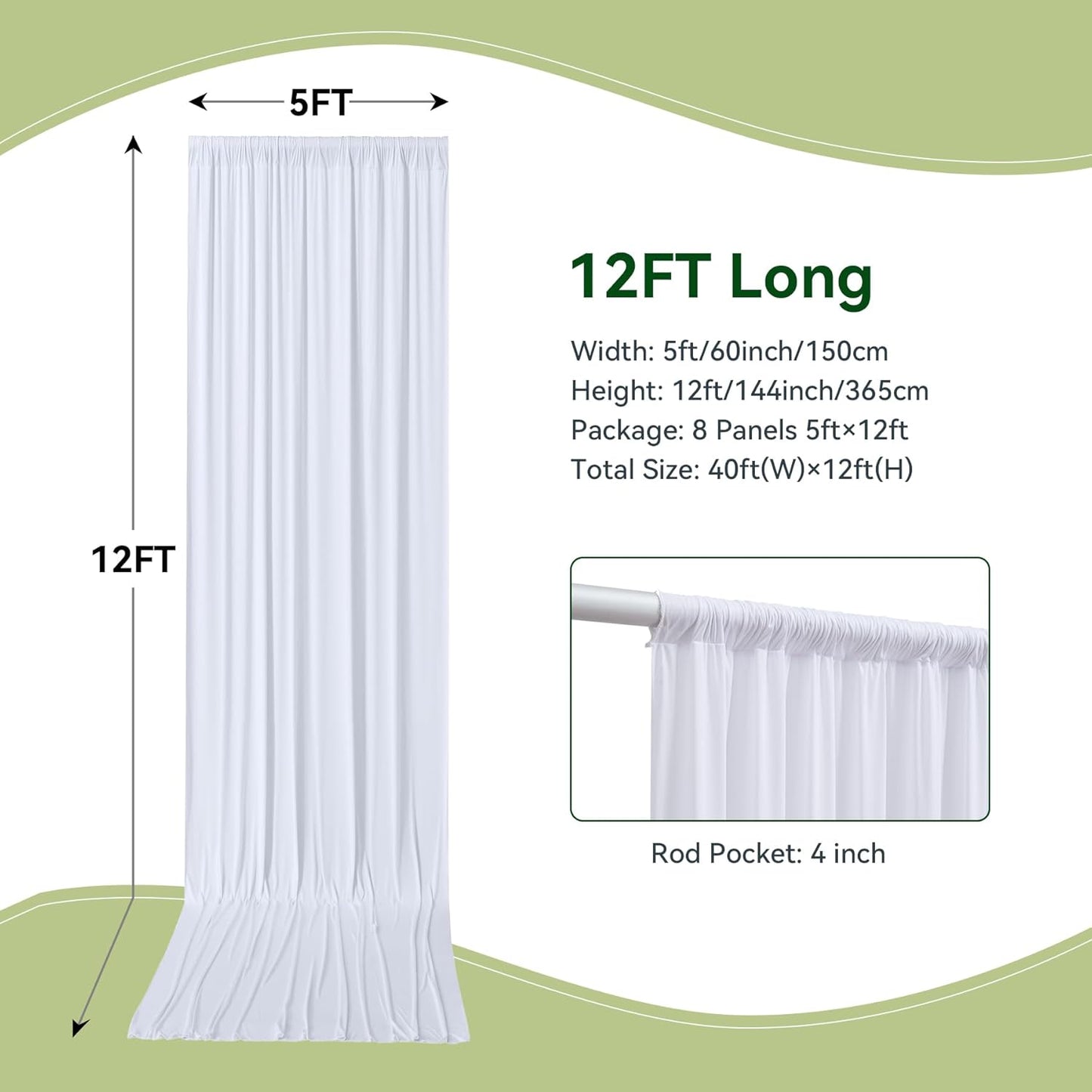 40×12ft White Wrinkle Free Backdrop Curtain, Soft Silky Easy to Drape Wedding Drapes for Backdrop, 8 Panels 12 ft Long Backdrop Curtains for Parties Birthday Baby Shower Photo Photography Background