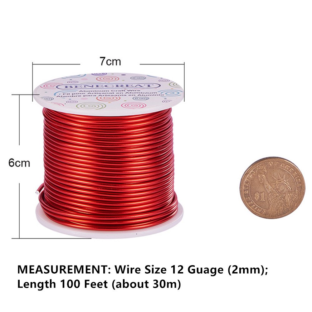 BENECREAT 12 17 18 Gauge Aluminum Wire (12 Gauge,100FT) Anodized Jewelry Craft Making Beading Floral Colored Aluminum Craft Wire - FireBrick