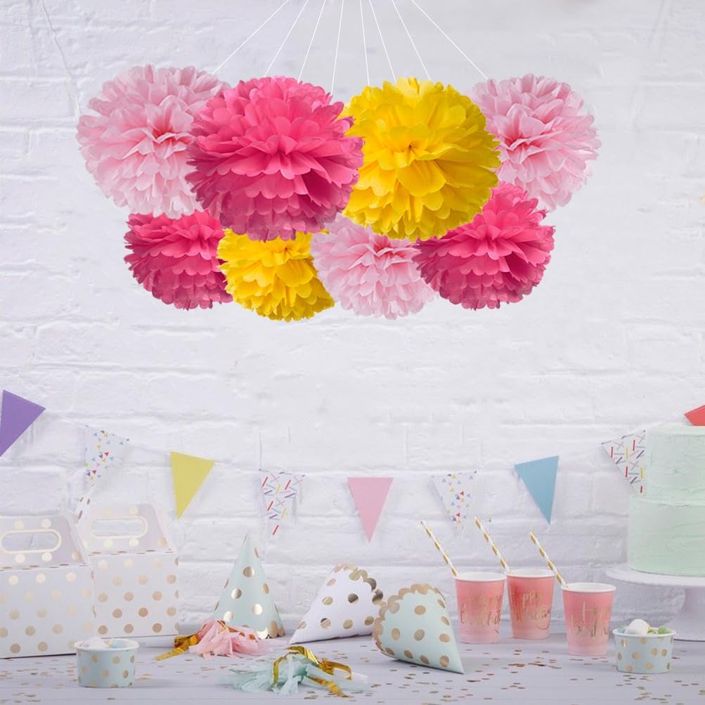 Hot Pink Yellow and Pink Tissue Paper Pom Poms Flower for Baby Shower Spring Summer Birthday Wedding Groovy Theme Party Decoration, 12pc