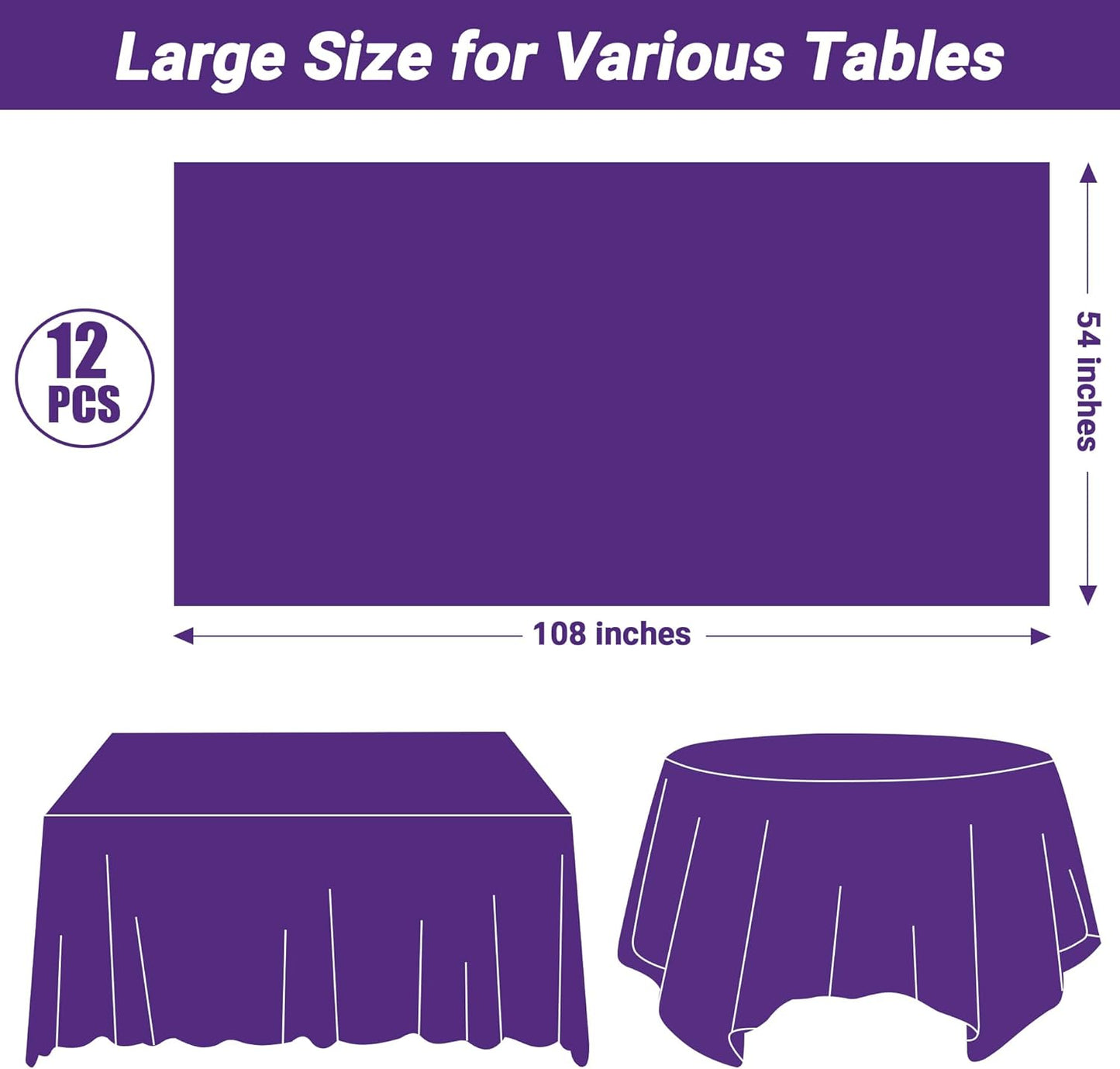 QZYL 12 PCS Purple Plastic Tablecloths, 54 in x 108 in Dinner Table Cloths, Rectangle Table Cover for Birthday Party Family Gathering Wedding