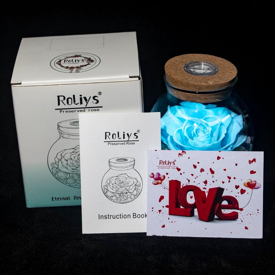 Preserved Real Roses with Colorful Mood Light Wishing Bottle,Eternal Rose，Never Withered Flowers, Christmas Anniversary Valentine's Mother's Day,a Gifts for Women 4.3inch 1pcs（Light Blue）