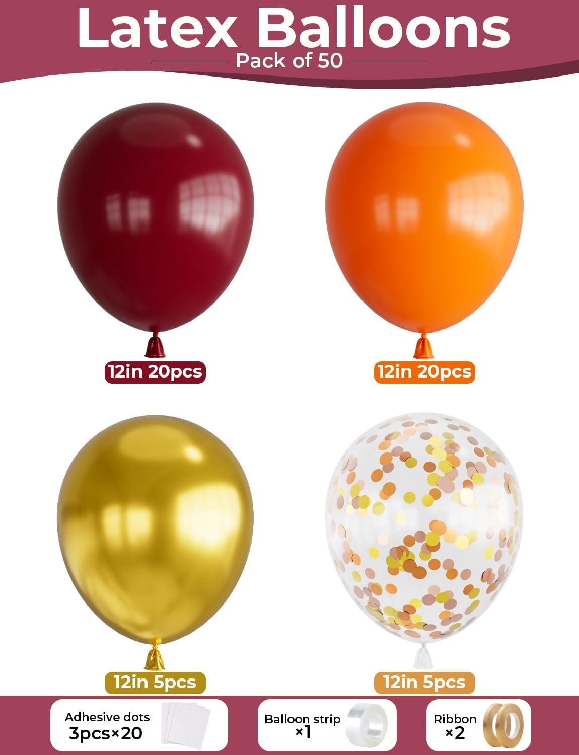 Fall Balloons,12 Inch Thanksgiving Balloons Set Burgundy Orange Metallic Gold Balloon Fall Color Confetti Balloon for Autumn Thanksgiving Birthday Baby Shower Party Decorations, 50Pcs