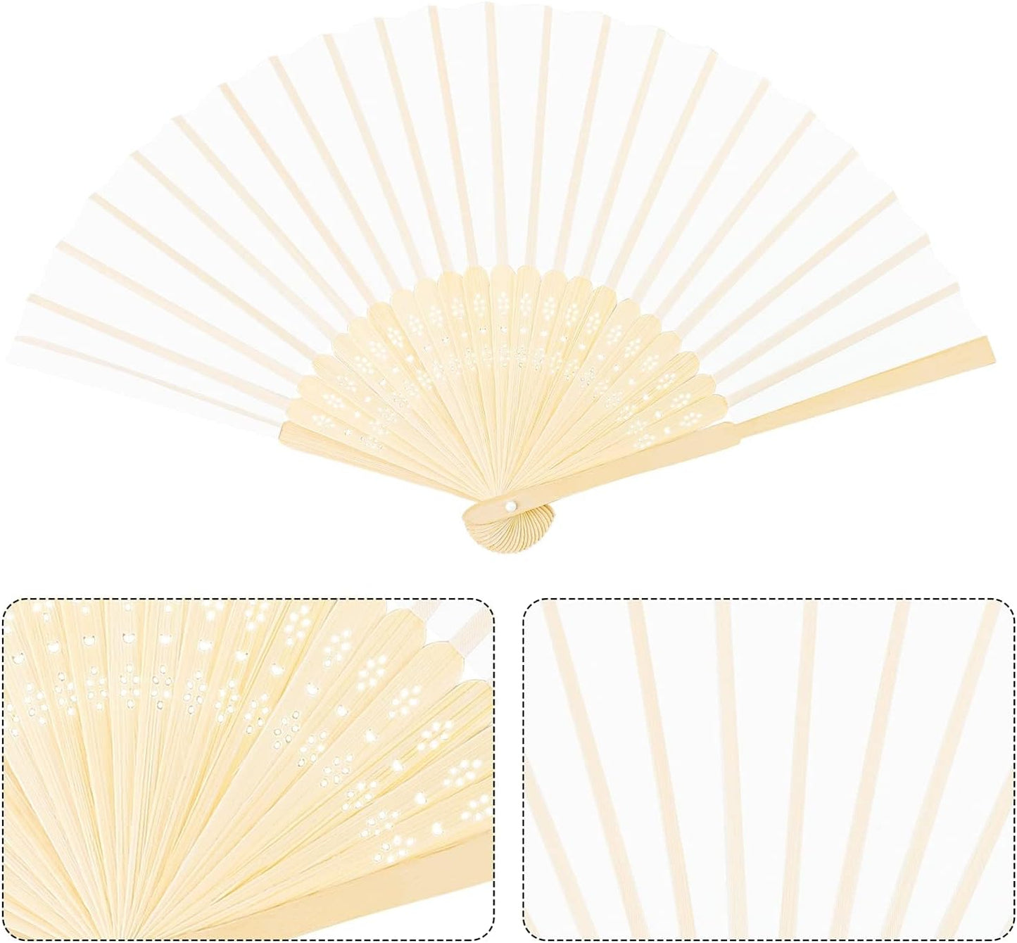 URATOT 48 Pieces White Folding Fans Silk Bamboo Folding Fans Handheld Fan for Wedding, Party Decoration