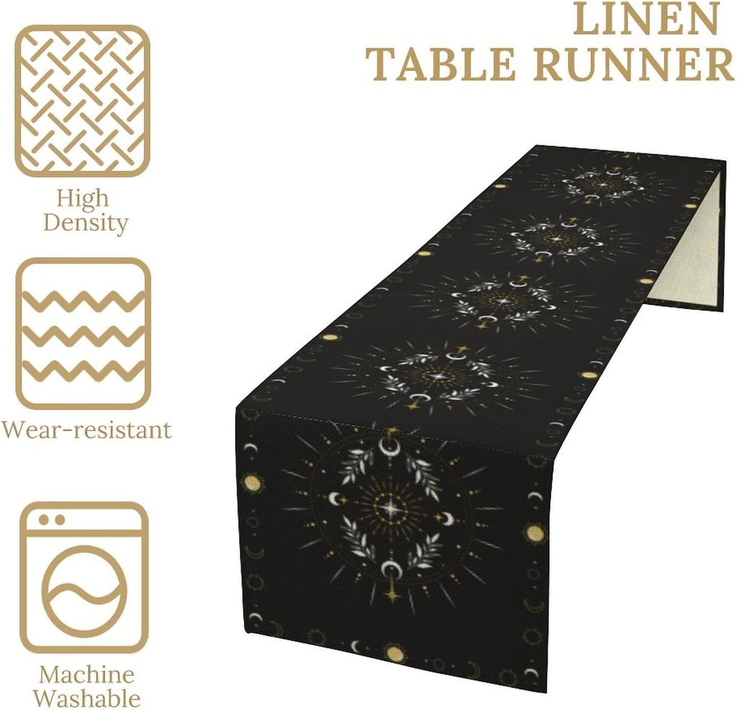 Sun Moon Table Runner, Magical Leaves Mysterious Western Traditional Elements Black White Table Runner for Party Living Room Home Kitchen Dinner 13x90 Inch