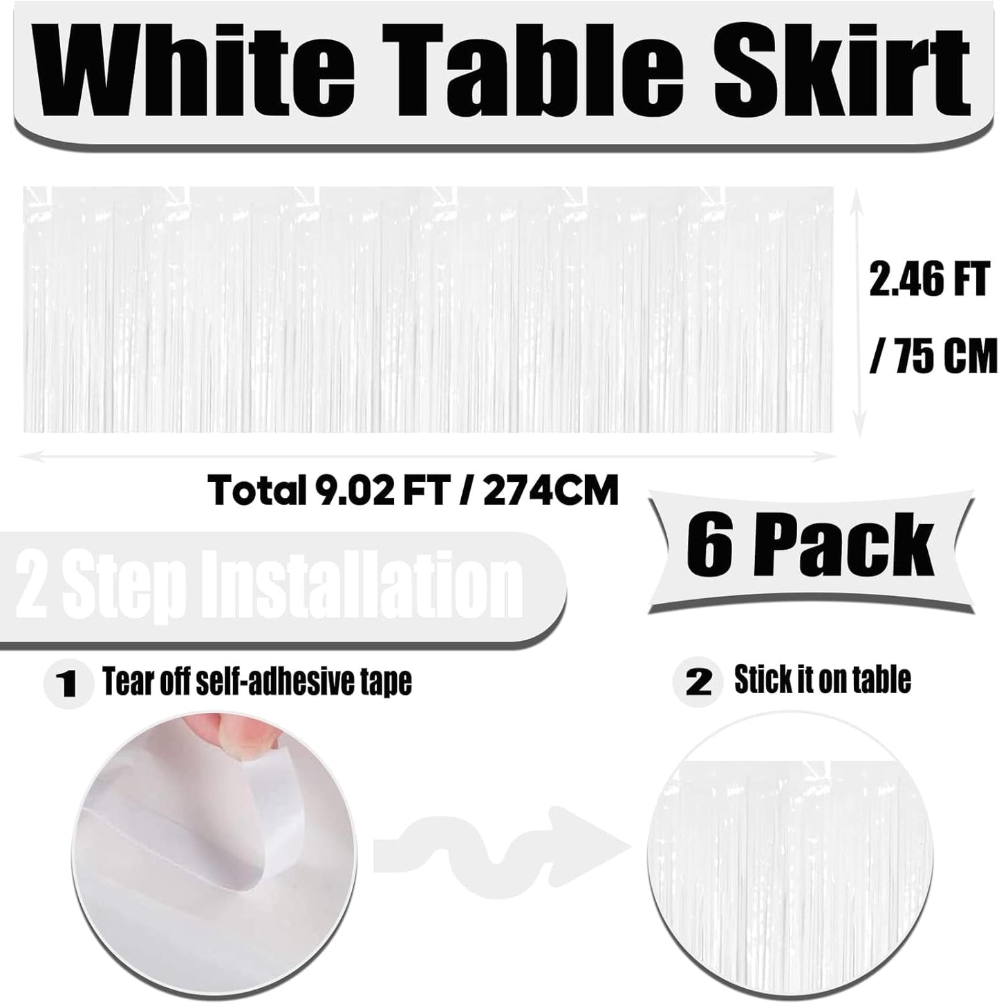 6 Pack 29x108 Inch Metallic Foil Fringe Tinsel Table Skirts Banner for Rectangle Tables Streamer Garland Curtains Backdrop for Wedding, Birthday, Parade Floats Party Decoration(White)