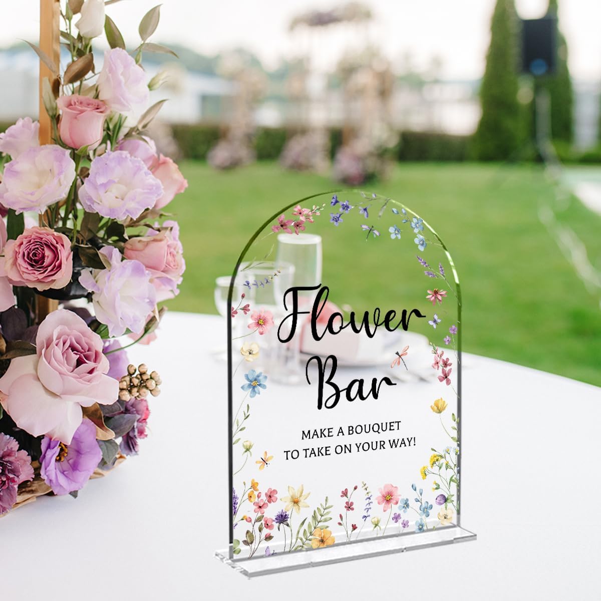 Wedding Sign Decor, Flower Bar Sign, 5x7 Inch Arch Acrylic, Wedding Sign for Reception & Event Party, Bridal Shower Decorations, Wedding Table Sign Accessories for Anniversary And Event (Flower)