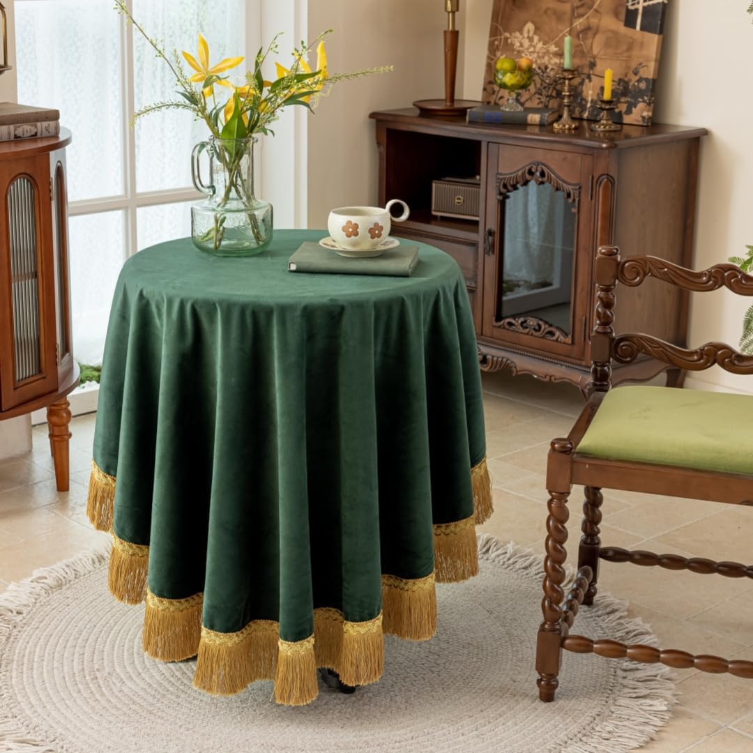 F-CHU Luxury Green Tablecloth Thickset Velvet Tablecloth with Beautiful Gold Tassels Vintage Table Cloth for Home Decor Wedding, Party, Banquet and Events 60" Round