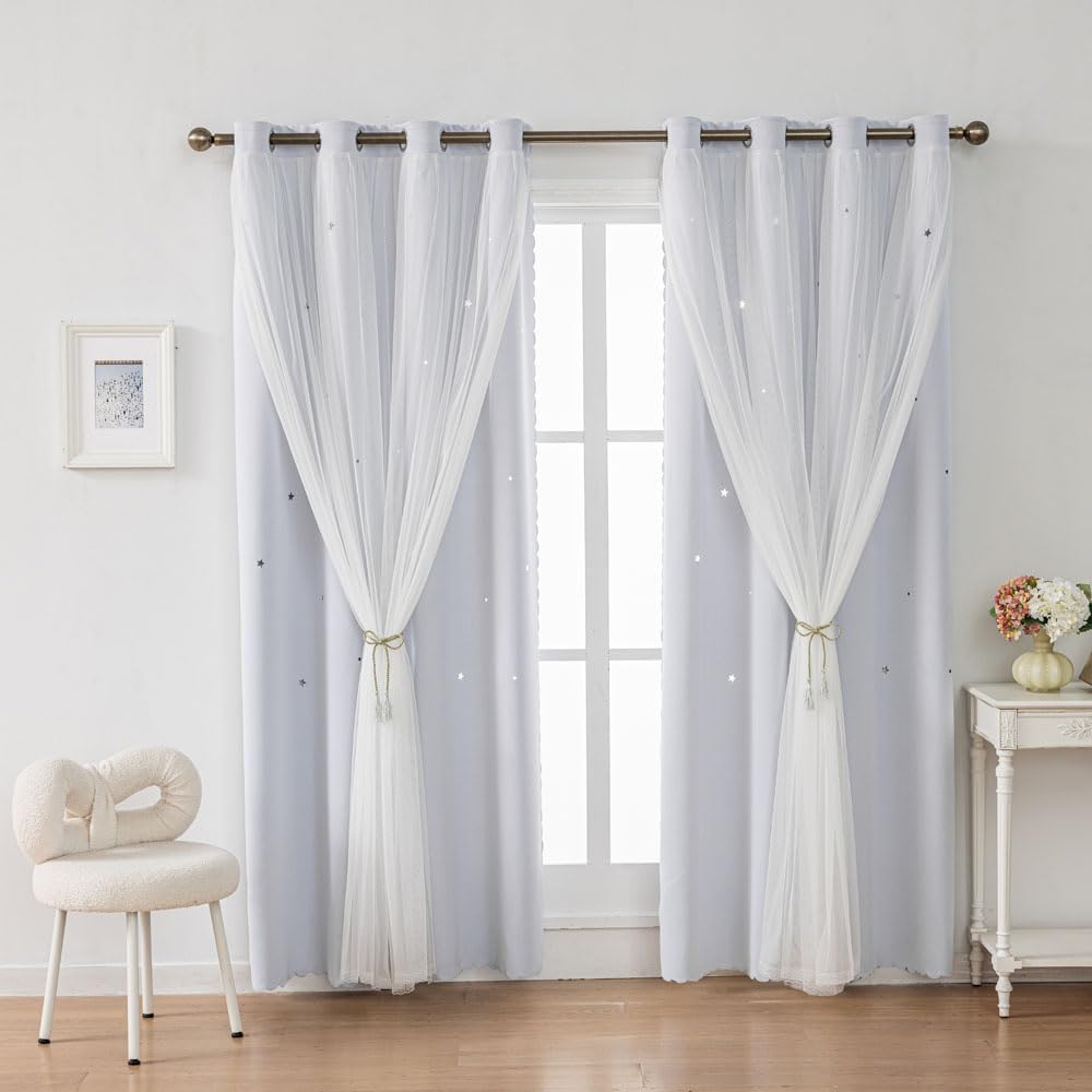 Ombre Rainbow Blackout Curtains for Kid Girls Bedroom Living Room Darking Stripe Double Layer Star Cut Out Wall Home Decor Gradient Grommet Window Curtains (Greywish White 72)