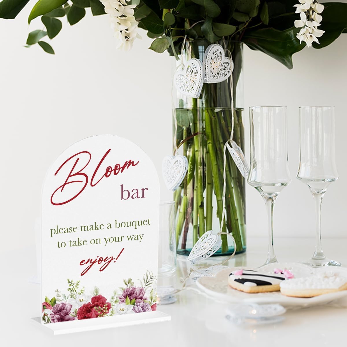 Bloom Flower Bar Sign for Wedding Bridal Shower Bouquet Bar Decor Sign Stuff Acrylic Arch Wedding Bridal Shower Baby Shower Welcome Table Signs for Ceremony and Reception 7 x 5 Inches