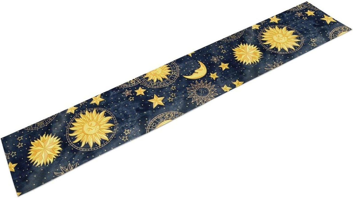 Sun Moon Table Runner, Boho Starry Sky Table Runners for Dinner Holiday Party Wedding Kitchen Golden Stars, 13x120 Inch
