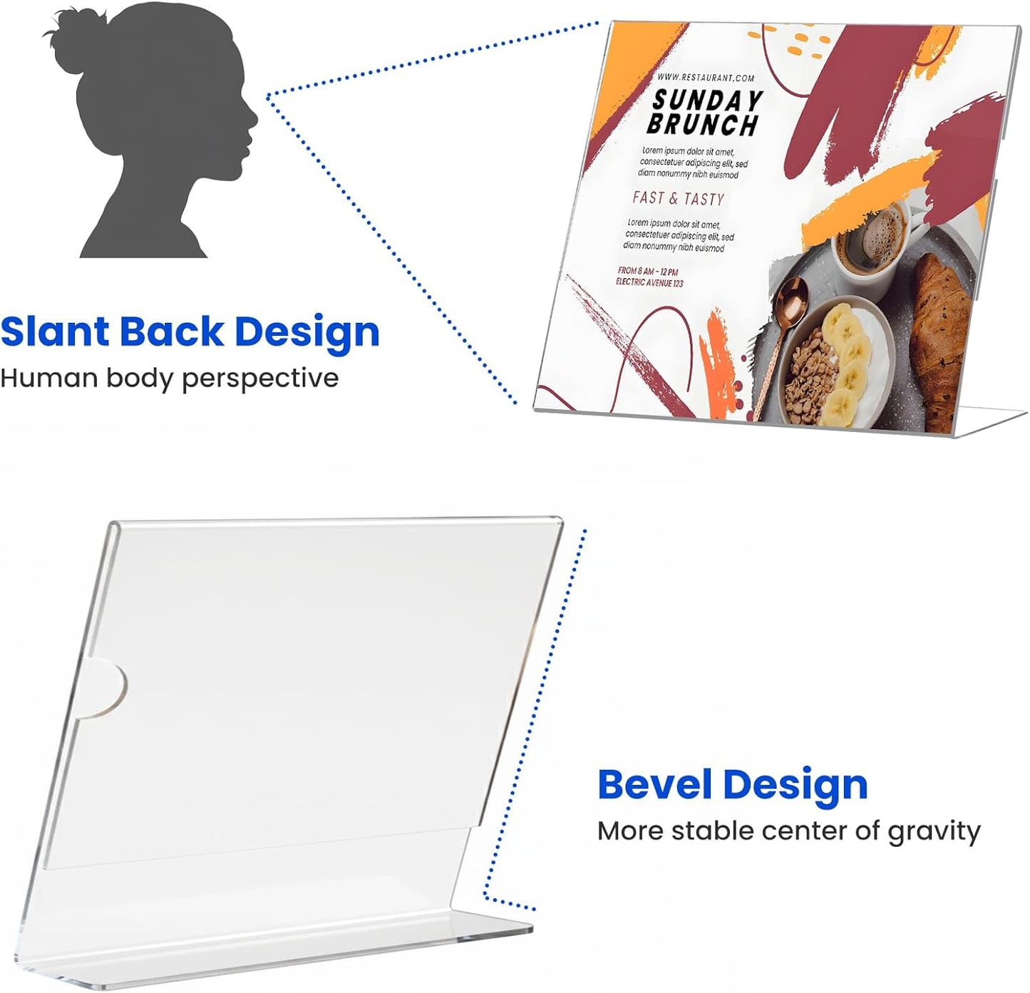 Horizontal Acrylic Sign Holder 5 x 7, L-Shape Clear Plastic Display Stand for Tabletop, Acrylic Stands for Flyers, Table Paper Holder, Vertical Sign Holder 5x7 for Restaurants, Office and School (Slant 6 Pack 7x5)