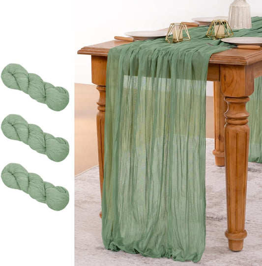 MLMW 3 Pack Sage Green Table Runner Cheesecloth Boho Gauze Rustic Cheese Cloth Table Runner 160 inch Sheer 13.3ft for Wedding Party Baby Bridal Shower Birthday