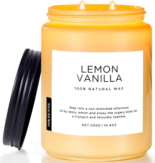 M&SENSE Candles Lemon Vanilla Scented, 19.4oz 110 Hours Long Lasting for Home 2 Wick Natural Soy Wax Non Toxic Candles in Glass Jar, Stress Relief Gifts for Women and Men