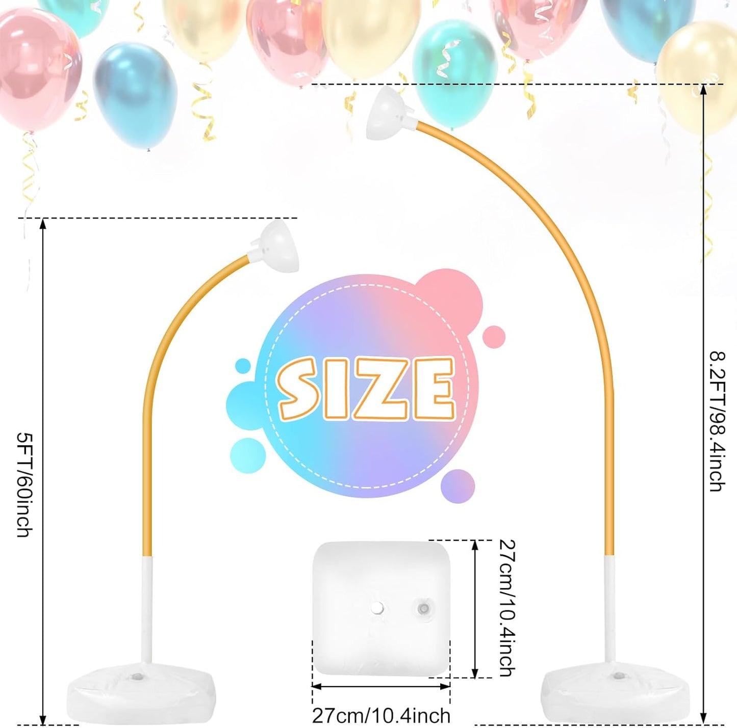 Balloon Arch Stand Kit 8.2ft and 5ft, Heavy Duty Base with Water Filling Bag, Bendable Half Arch Balloon Gold Frame - Suitable for Birthdays, Holiday Decorations and Other Indoor and Outdoor Parties.