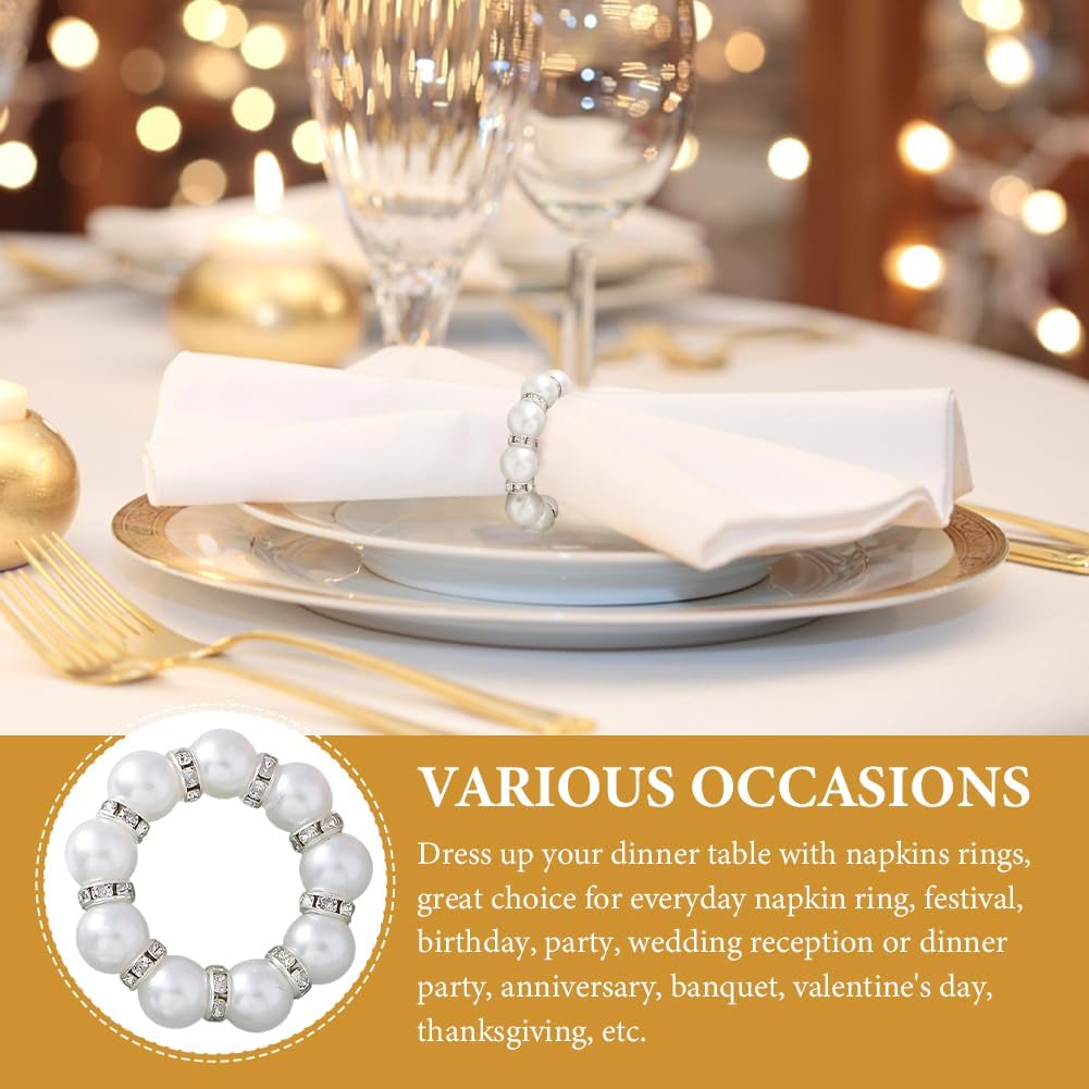 12Pcs Pearl Napkin Rings, Round Napkin Buckles Wedding Beaded White Napkin Rings Silver Napkin Ring Holder for Formal Dinner Reception Party Banquet Table Decor (Sliver)