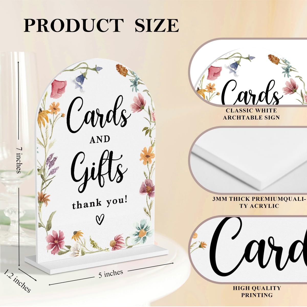 4 Pcs Acrylic Wedding Signs for Reception, Bridal Shower Decorations, Cards and Gifts Signs, Guest Book Sign, Arch Acrylic Table Top Sign with Holder for Wedding Reception (White Wildflowers)