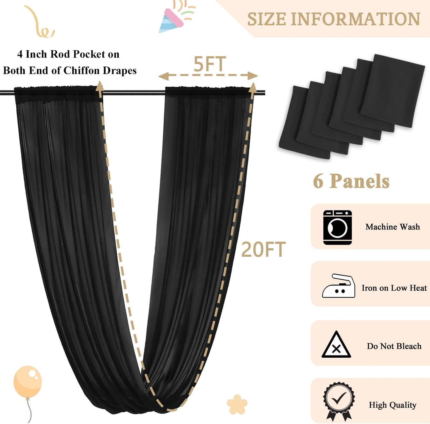 MODFUNS Black Ceiling Drapes Wedding Arch Draping Fabric 5x20ft 6 Panels Chiffon Sheer Ceiling Curtain Elegant Ceiling Draping Fabric for Wedding Ceremony Party Ceiling Decoration