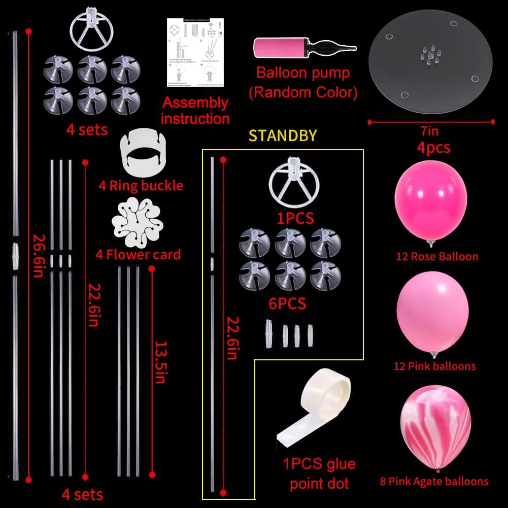 TONIFUL 4 Balloons Stand Kit Pink Marble Centerpieces Table Decoration for Girl Sweet 16th Birthday Decorations Bridal Shower,Baby Shower,15th Quinceanera Table Party Decorations