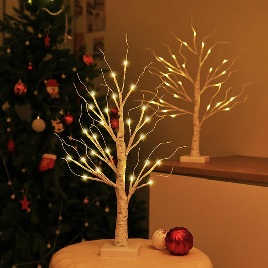2FT Lighted Birch Tree,Christmas Decorations for Indoor,Table Top Christmas Trees with Lights,Dual Power USB or Battery,Lighted Tree for Winter Holidays Halloween Wedding Decor Set of 2