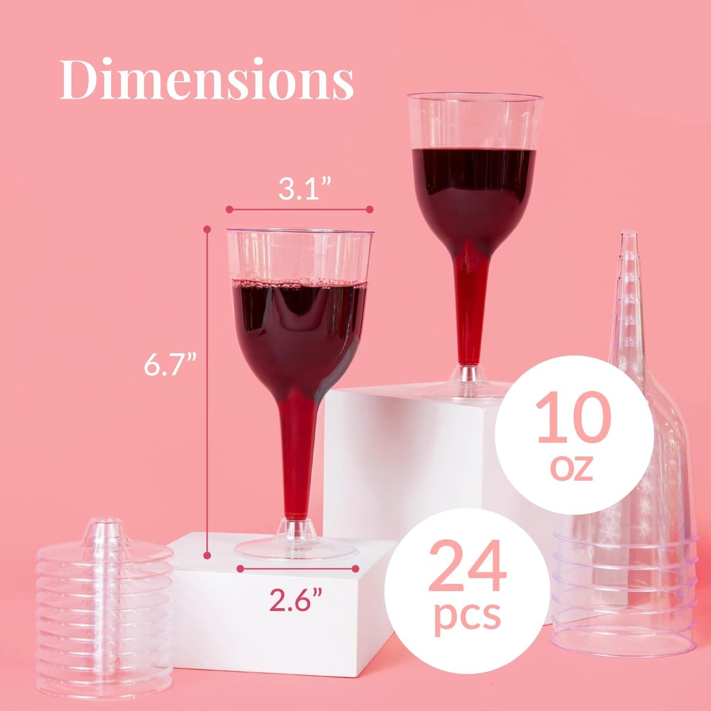 Prestee 24 Clear Stemmed Plastic Wine Glasses - 10 oz Disposable Wine Glasses for Parties - Plastic Wine Cups with Stem for Weddings, Wine Tasting, Patio Gatherings, and Elegant Party Supplies