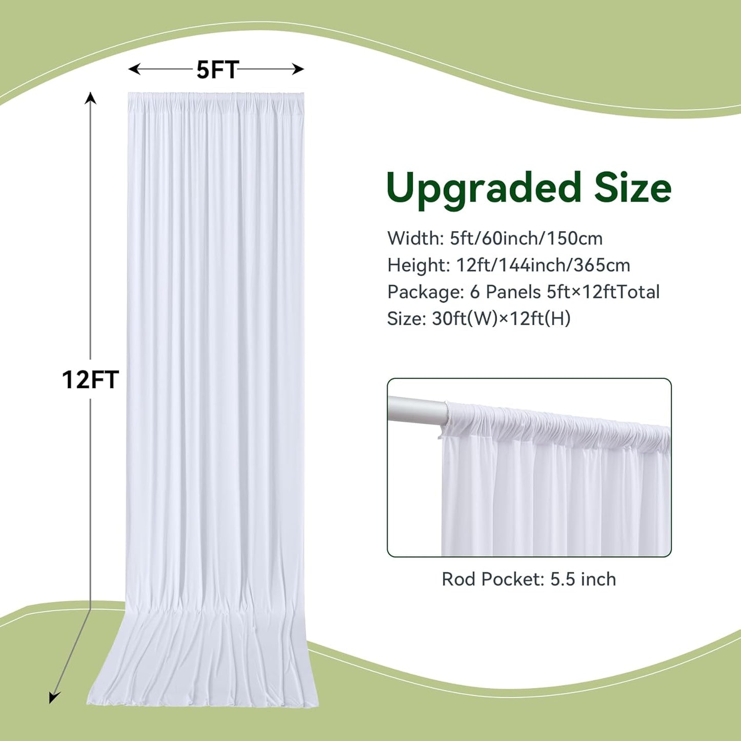 30×12 ft White Wrinkle Free Backdrop Curtain, Soft Silky Easy to Drape Wedding Drapes for Backdrop, 6 Panels 12ft Long Backdrop Curtains for Parties Birthday Baby Shower Photo Photography Backgrounds