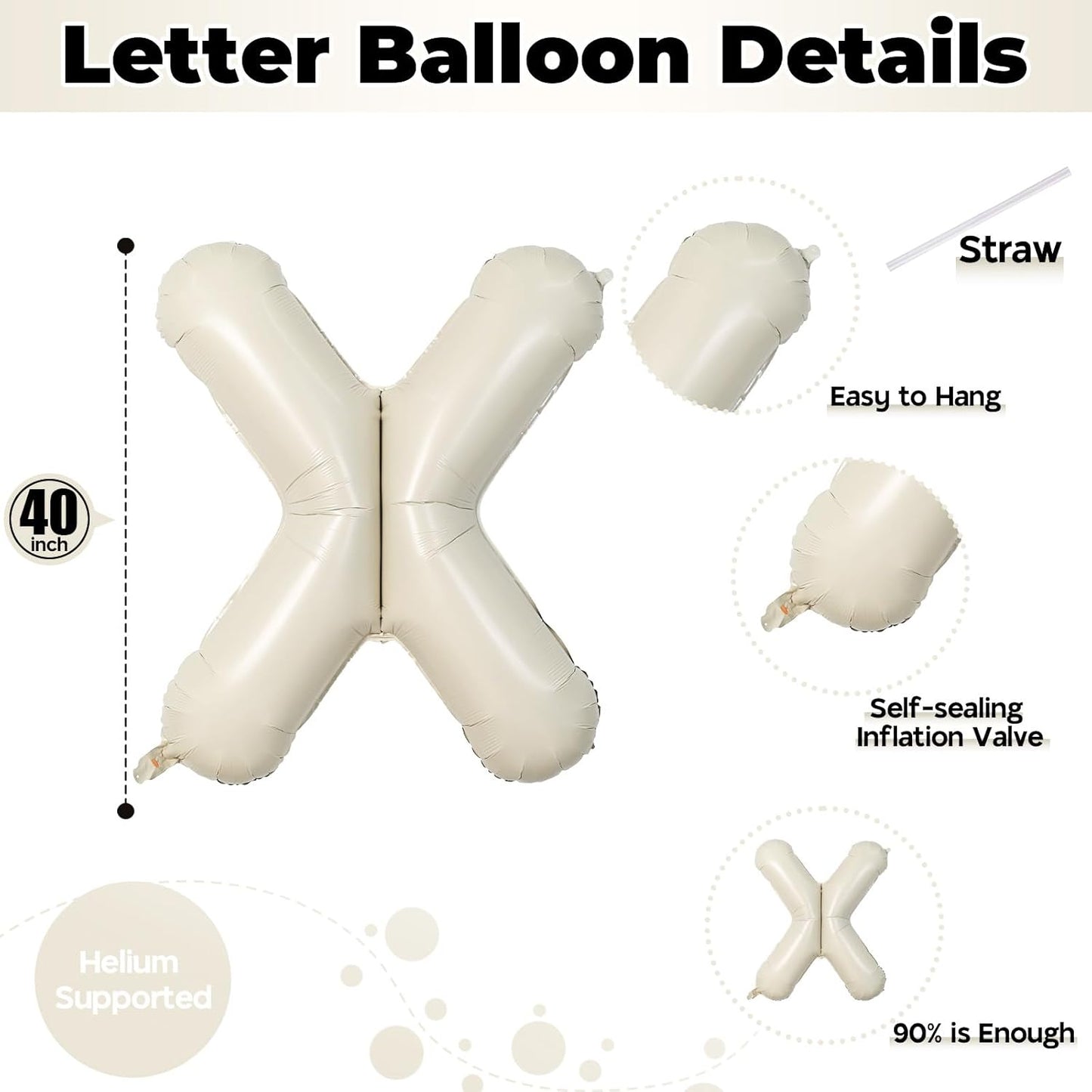 Giant Alphabet X Foil Name Balloons, Cream Ivory White Inflatable Word X Letters for Birthday Decor, 40 Inch Mylar Beige A-Z Custom Letter for Girls Baby Shower Party Decoration Supplies