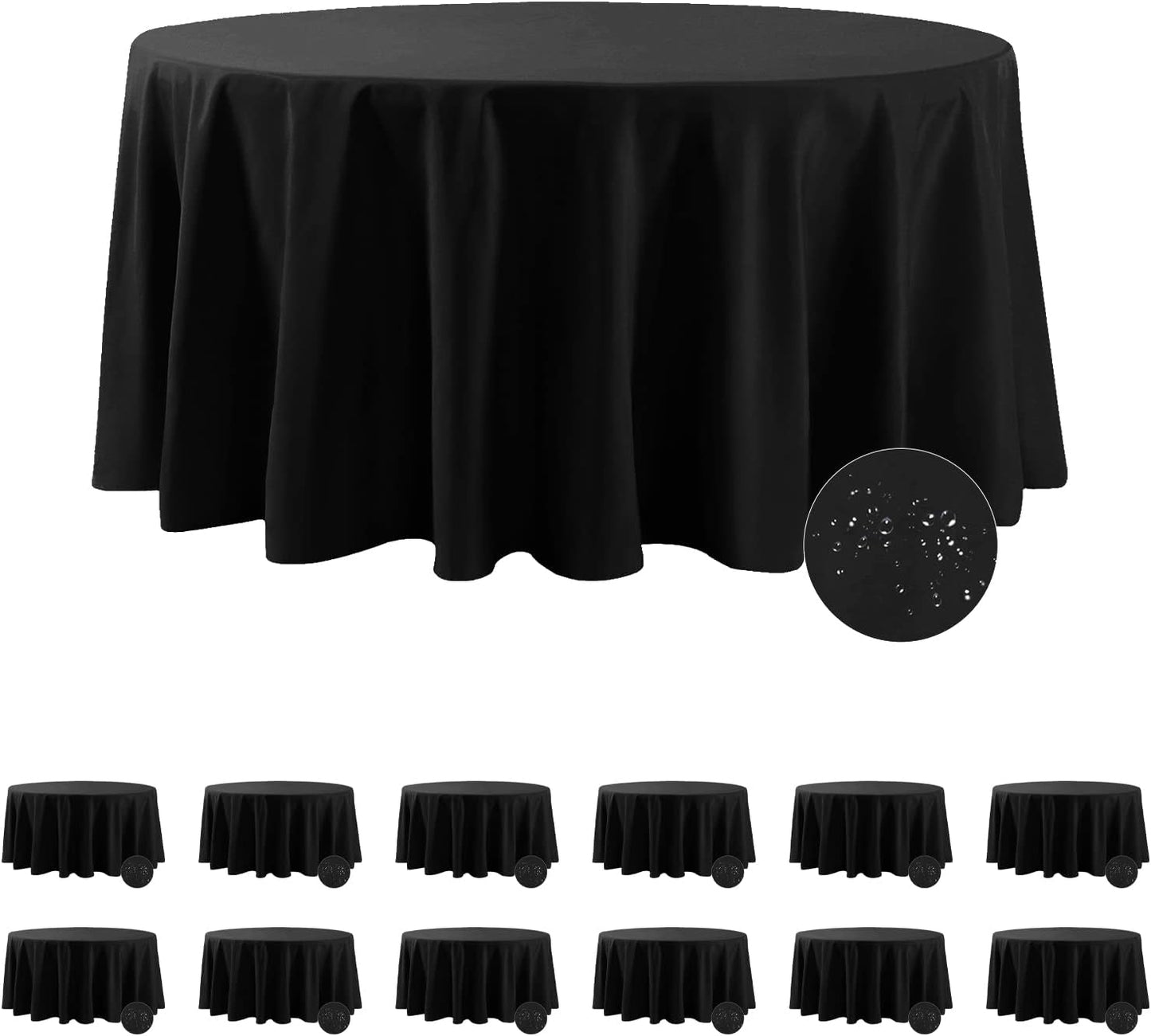 Fokitut 12 Pack Waterproof Round Tablecloth, 132 Inch, Stain Resistant and Wrinkle Polyester Table Cloth, Fabric Table Cover for Kitchen Dining, Wedding, Party, Holiday Dinner-Black