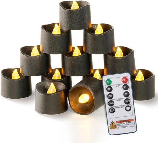 Homemory 12pcs Black Remote Timer LED Tea Lights Candles, 400+Hours Flickering Flameless Battery Votive Tealights for Tabletop Lighting, Centerpieces Decor, Holiday, Warm White Glow