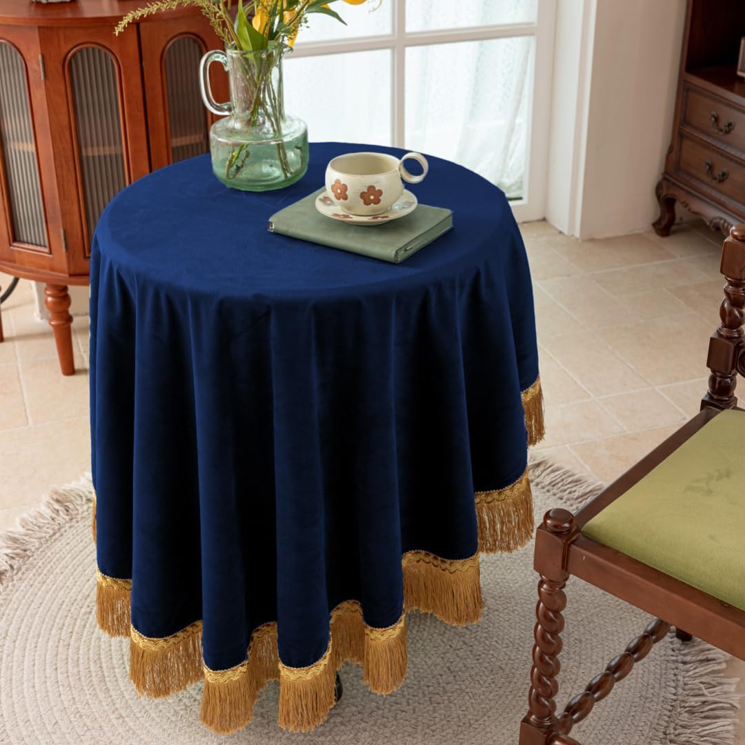 F-CHU Blue Tablecloth Thickset Velvet Tablecloth with Beautiful Gold Tassels Vintage Table Cloth for Home Decor Wedding, Party, Banquet and Events 60" Round