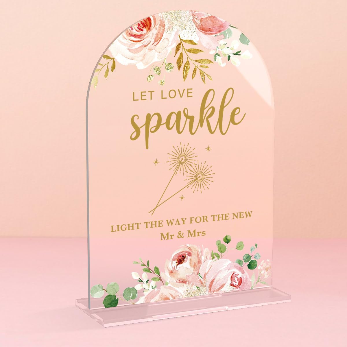 Acrylic Wedding Signs, Bridal Shower Decorations, Let Love Sparkle Sign for Reception, Modern Calligraphy Arch Acrylic Table Top Sign for Wedding Reception and Engagement Parties (Clear Pink Flowers)