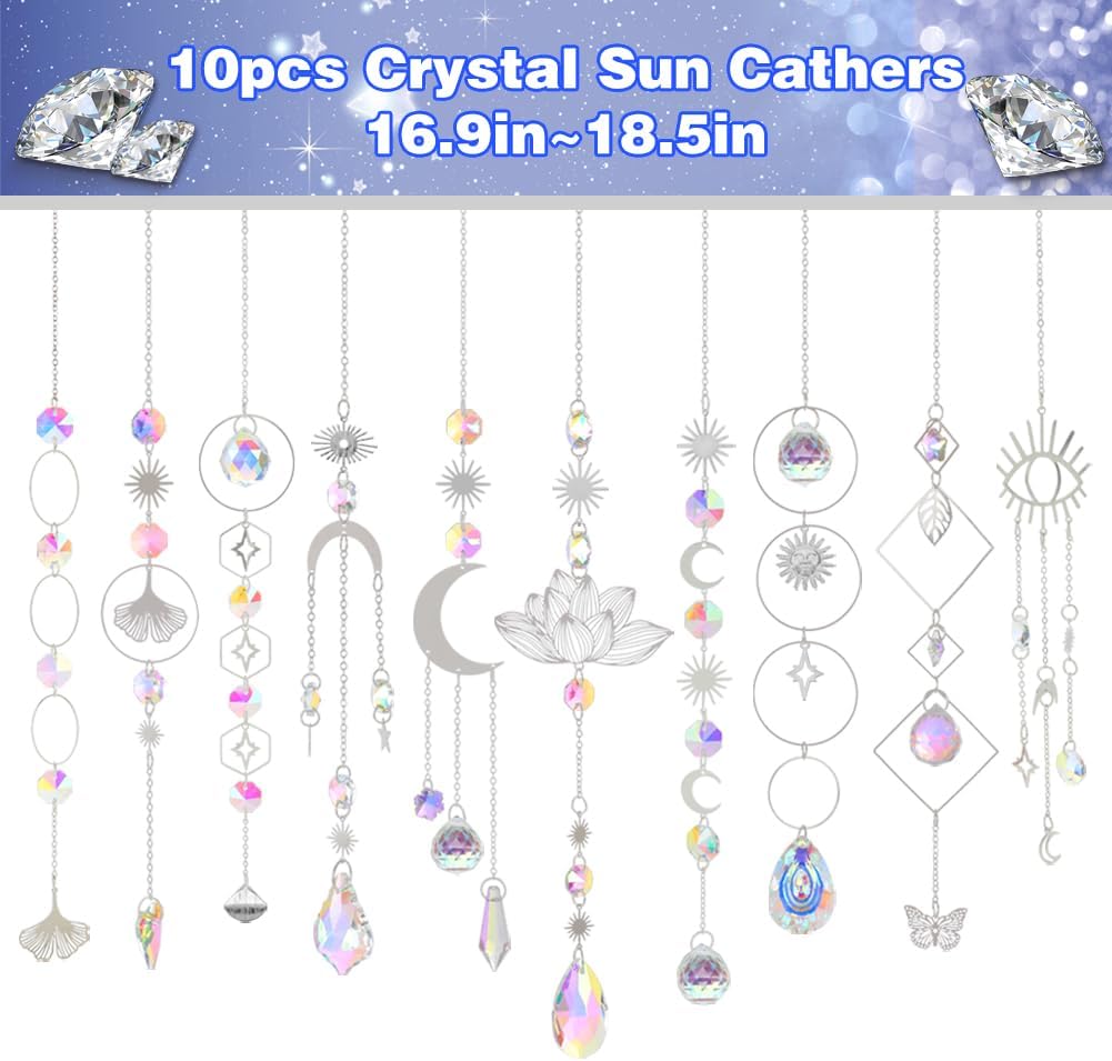Sun Catchers, 10 Pcs Crystal Suncatcher Prism Hanging Kit with Chain Rainbow Maker Crystals Balls Pendants Ornaments for Indoor Window Outdoor Garden Backyard Patio Car Mirror Christmas Tree Decor