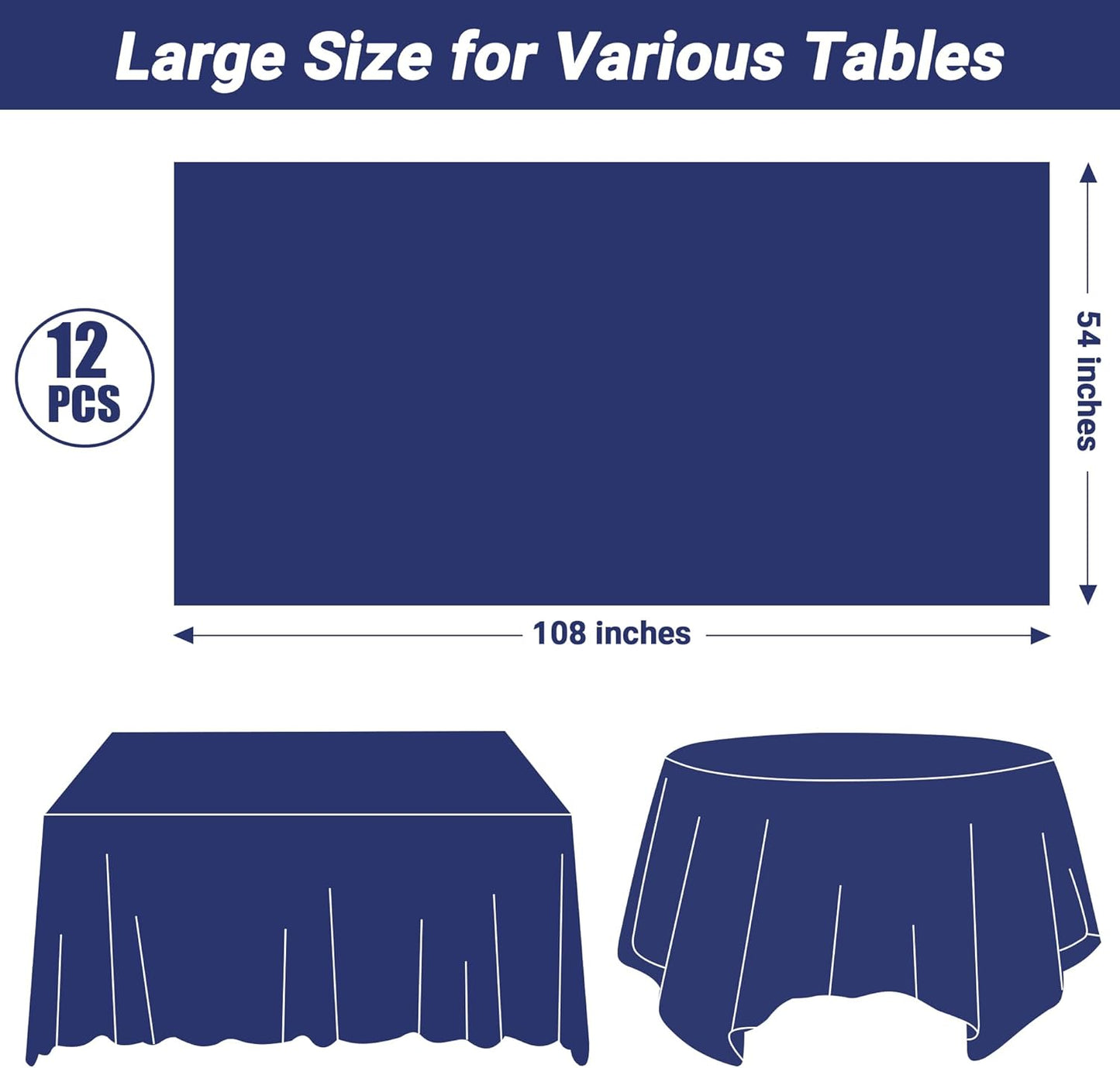 QZYL 12 PCS Navy Plastic Tablecloths, 54 in x 108 in Dinner Table Cloths, Rectangle Table Cover for Birthday Party Family Gathering Wedding