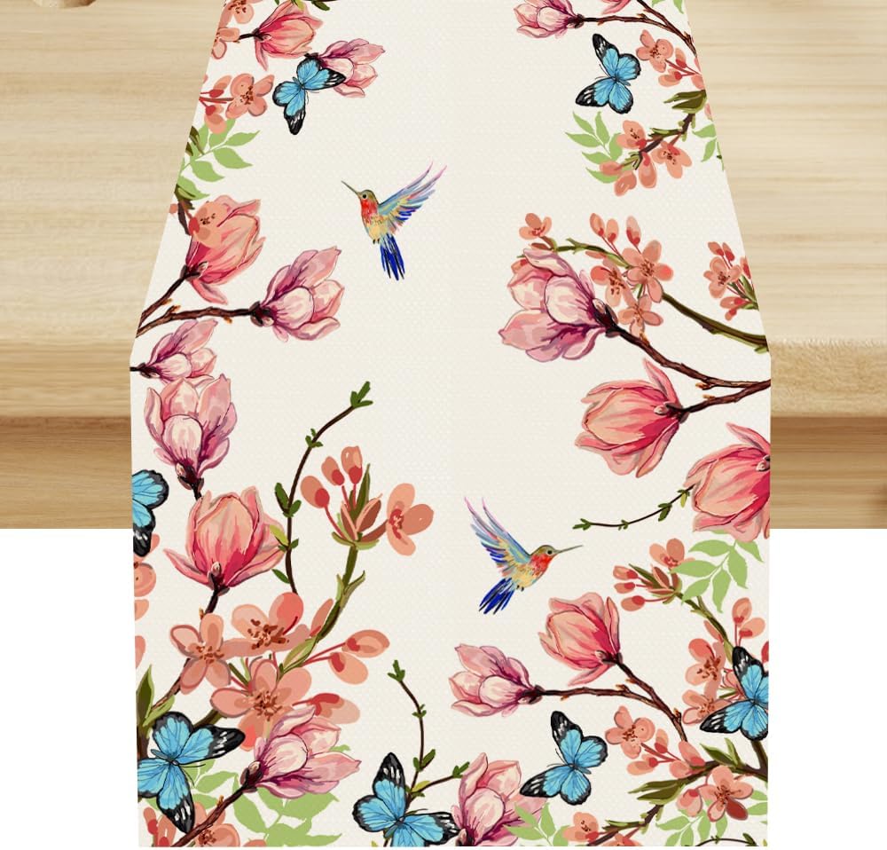 Spring Floral Bird Table Runner, Watercolor Pink Flower Plants Nature Butterfly Table Runner for Kitchen Dinner Living Room Home Party, 13x108 Inch