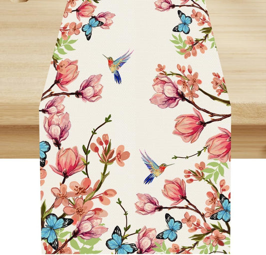 Spring Floral Bird Table Runner, Watercolor Pink Flower Plants Nature Butterfly Table Runner for Kitchen Dinner Living Room Home Party, 13x108 Inch