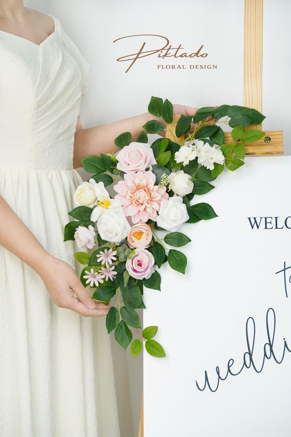 Wedding Decor (Pack of 2) Welcome Sign Flower Backdrop Garland for Ceremony Reception Wall Easel Home Decoration Entryway Faux Outdoor Board Head Table Decor (Blush)