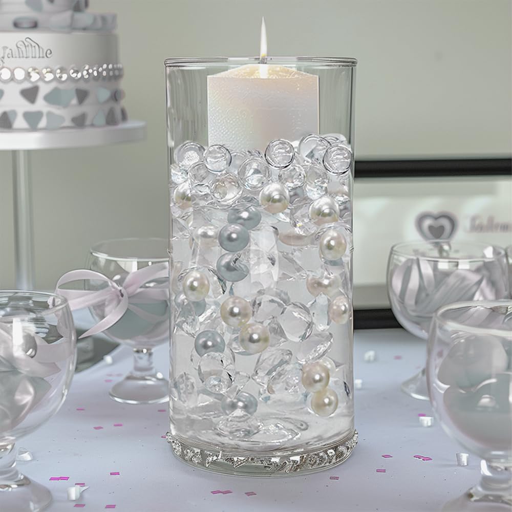 HappyFiller 1075 PCS Floating Pearl Beads,Marbles for Vases Fillers,Wedding Centerpiece,Ivory Faux Pearls Fake Crystal Diamonds and 10g Clear Water Beads,Table Scatters,Party Decoration 14 OZ