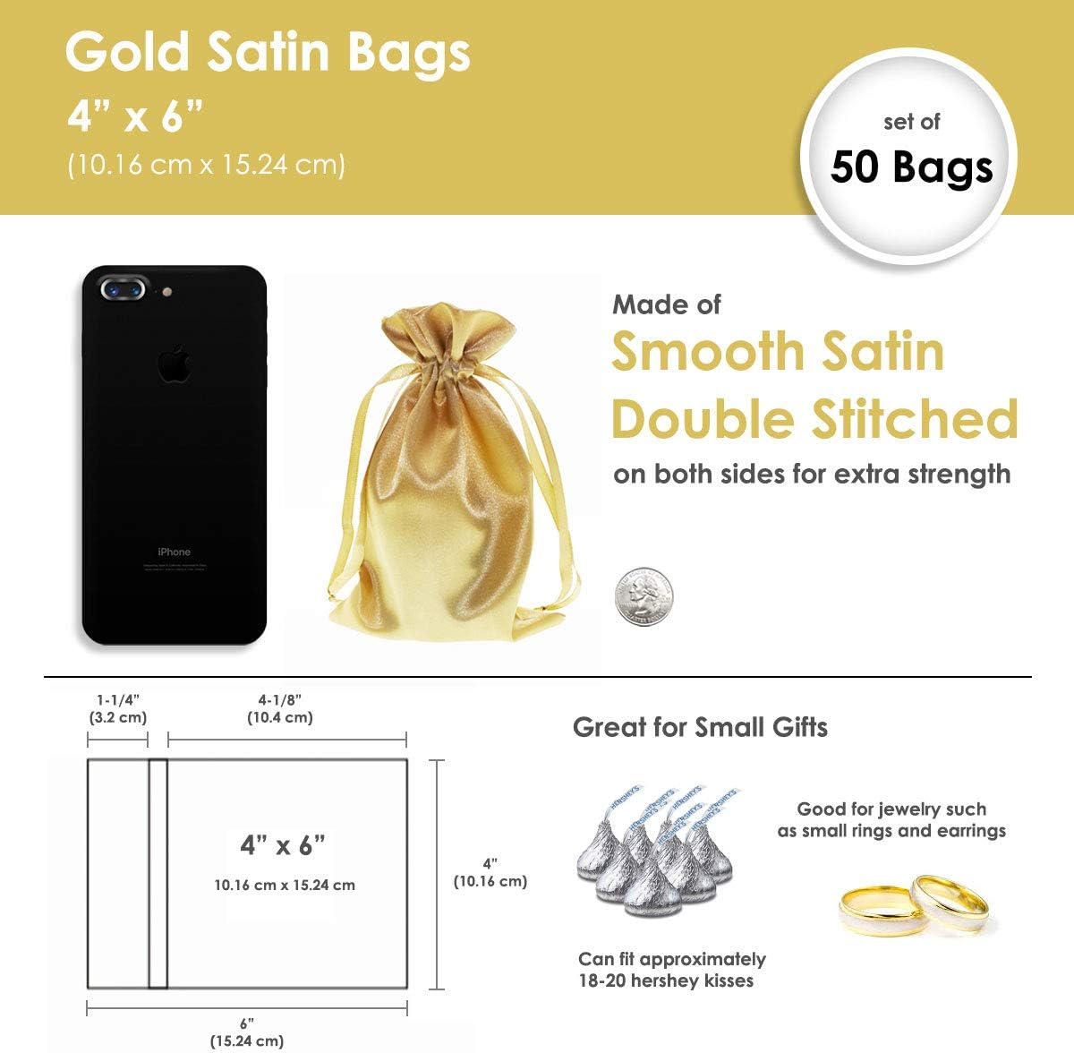 3" x 4" Gold Satin Gift Bags, Jewelry Bags, Wedding Favor Silky Drawstring Baby Shower Christmas 50 per Pack