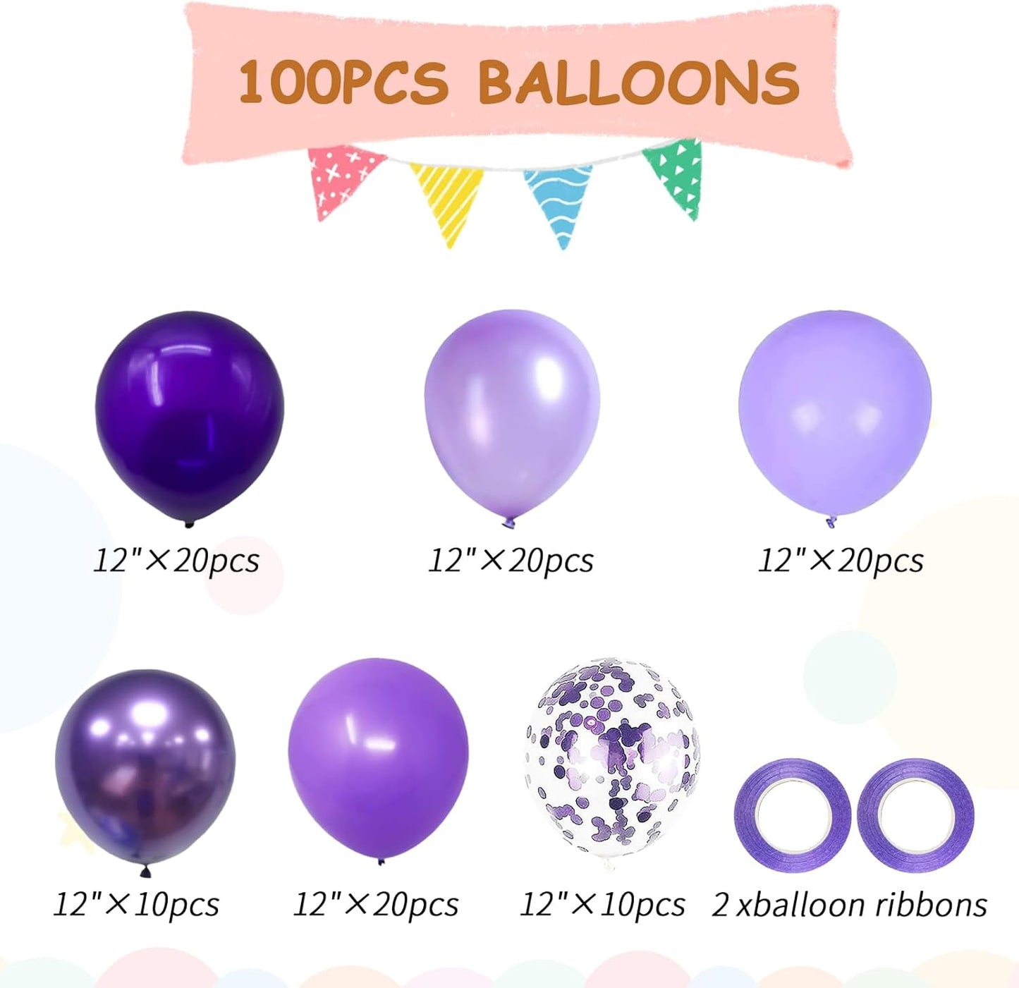 100pcs Purple Balloons - 12inch Metallic Chrome & Lavender Lilac Balloons with Confetti for Wedding, Baby Shower, Bridal Shower, Princess Birthday Parties (with 66ft Ribbons)