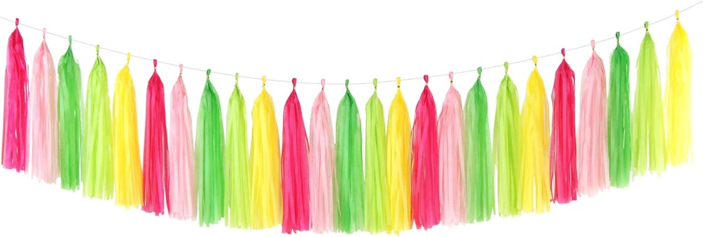 Hawaiian-Themed Pool Party-Decorations Tassel Garland - 25pcs Tropical Jungle Aloha Birthday Streamers,Pink Rose Yellow Green Summer Beach Baby Shower Tassels Banner Backdrop Decor Panduola