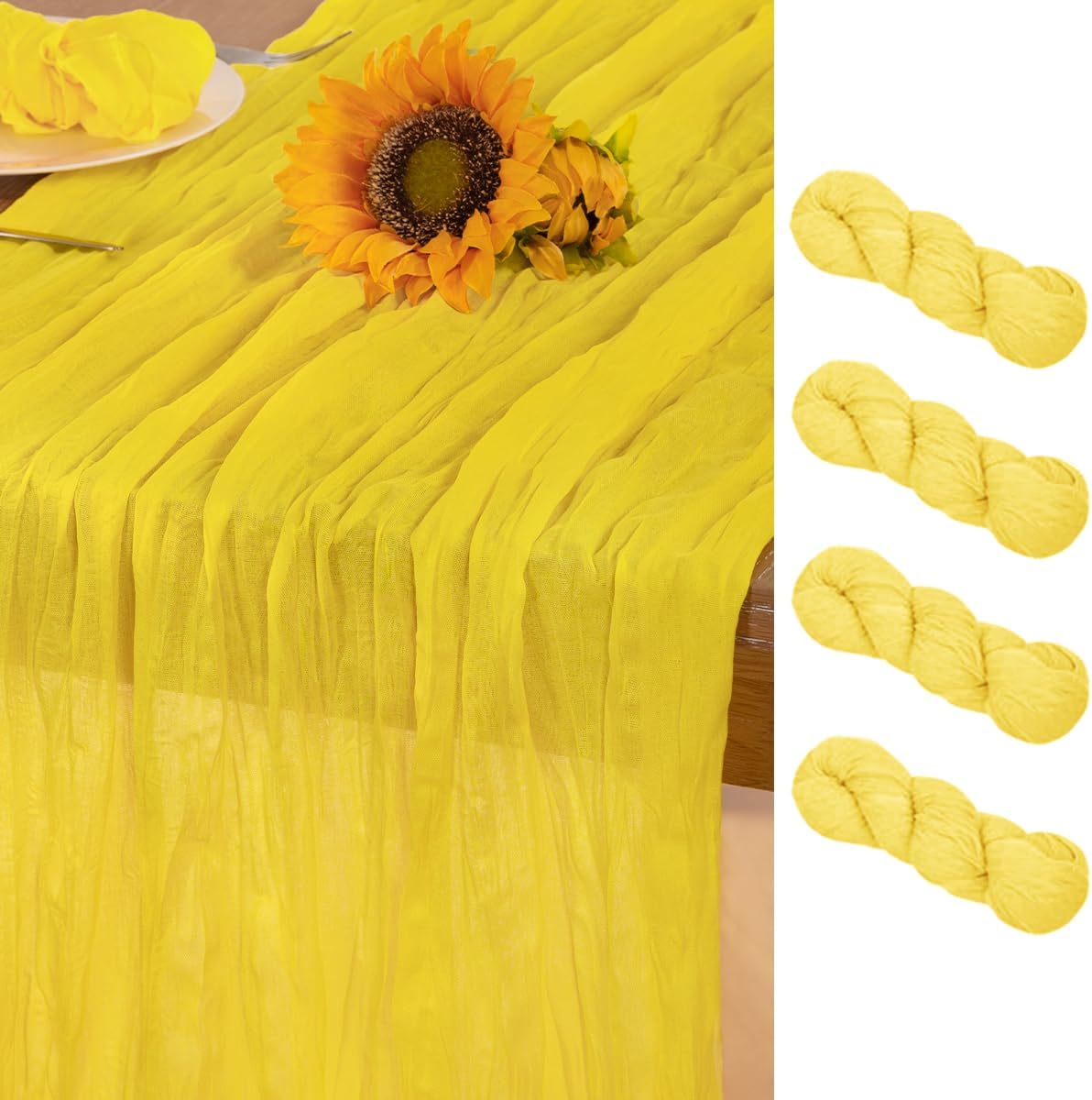 Lemon Yellow Cheesecloth Table Runner 4 Pack Fall Table Runners Boho Gauze 120 Inches Yellow Cheese Cloth Fall Table Decorations for Thanksgiving Wedding Bridal Baby Shower Parties Decor