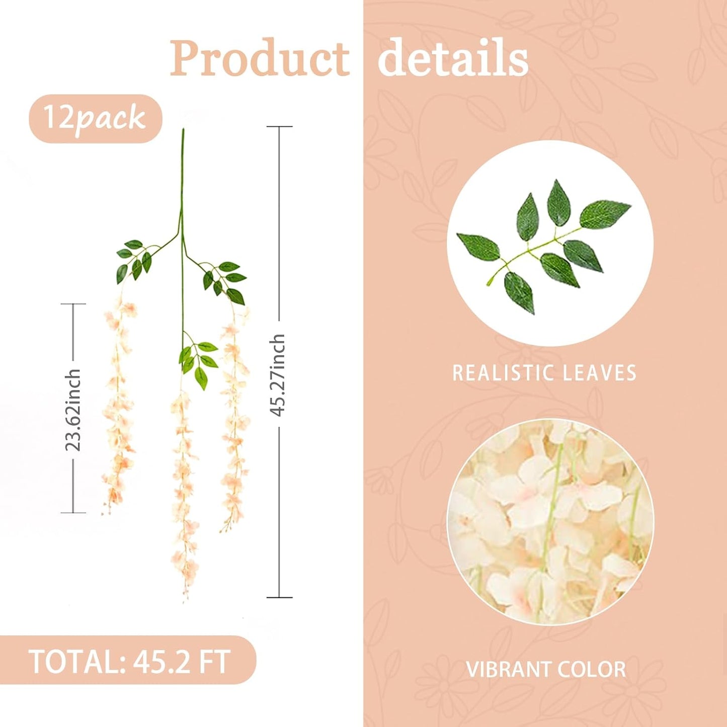 12 Pack Champagne Wisteria Hanging Flowers Garland, 3.77 Feet Artificial Flower Vines, Fake Wisteria, Artificial Vines Hanging Garland for Backdrop Outdoor Yard Garden Decor