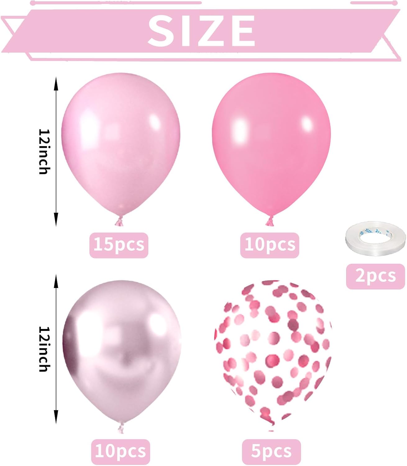 Metallic Chrome Pink 52 PCS 12 Inch Latex Balloons with Pink Confetti - Cherry Blossom, Pearl, Maca for Girl Women Birthday, Wedding, Baby Shower, Party Decorations