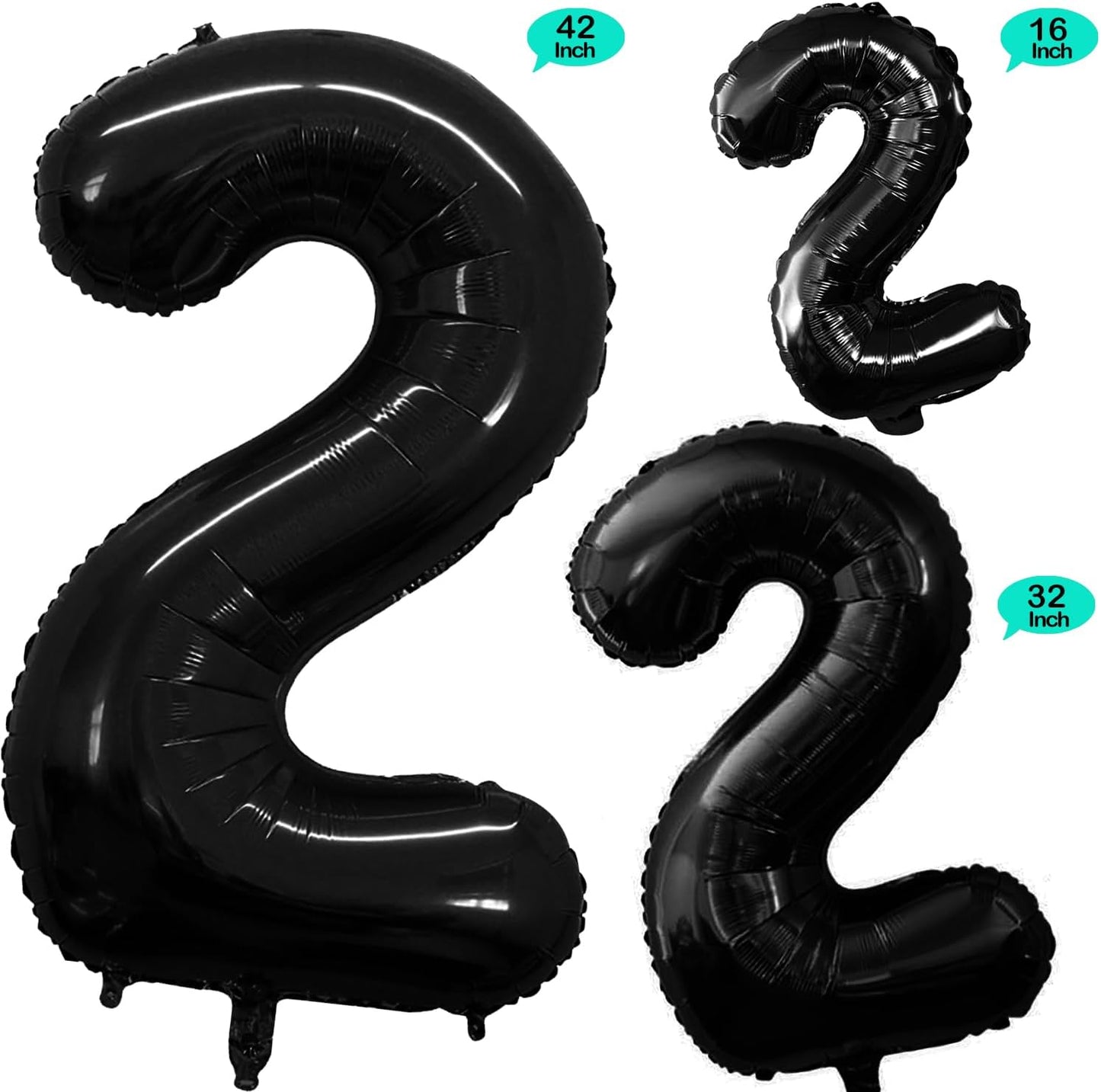 GOER Black Foil Balloons Number 2,Huge Number Balloons for 2nd Birthday Party Supplies Anniversary Decorations (3 pcs,42 inch,32 inch,16inch)